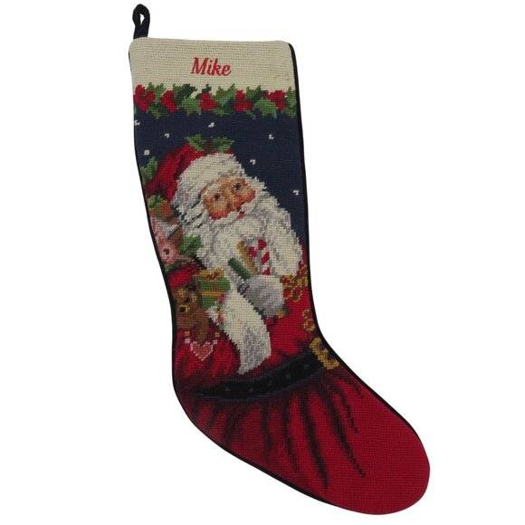 Needlepoint Wool Santa Claus Toy Embroidered Mike Christmas Stocking Blue Velvet - Picture 1 of 10